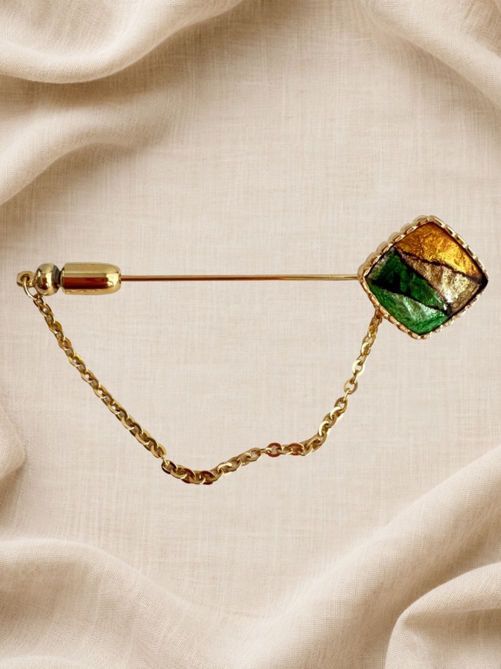 Vintage Japanese Cloisonne Stick Pin Green Gold Enamel Hat Lapel Chain 2.75in